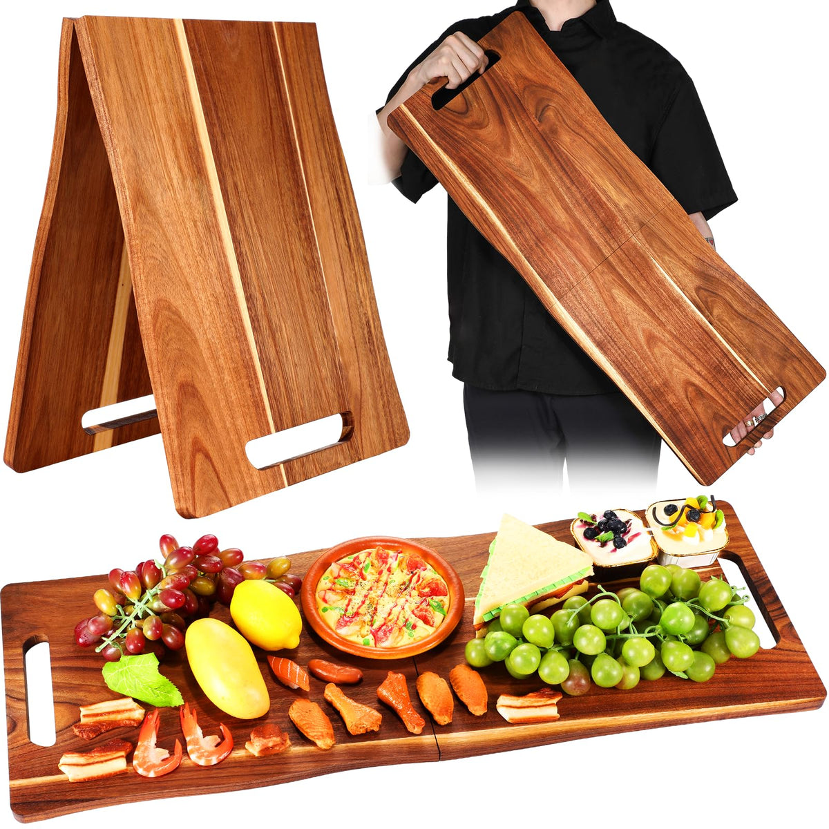 Essenya Acacia charcuterie board with foldable handle for easy entertaining