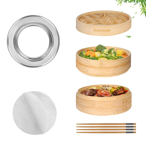 Essovee 2-tier bamboo steamer over pot for efficient multi-item cooking.