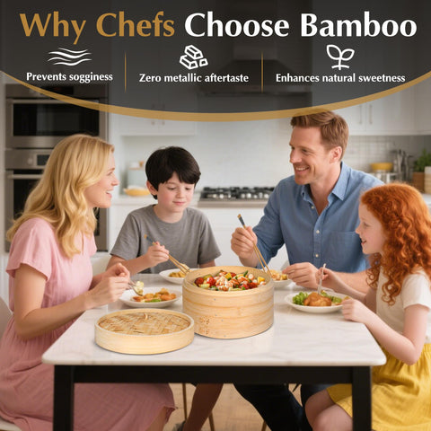 Essovee bamboo steamer set with chopsticks, ideal for Asian cuisine.