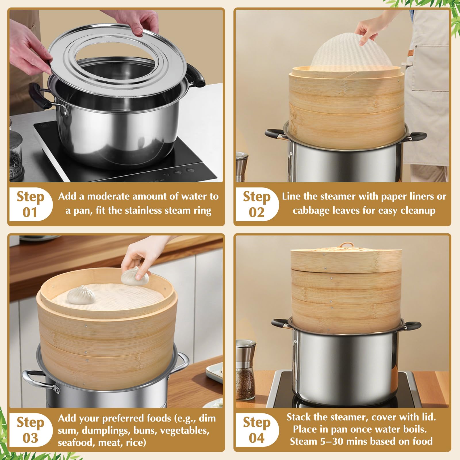 Essovee stackable basket steaming rice and buns for wholesome meals.