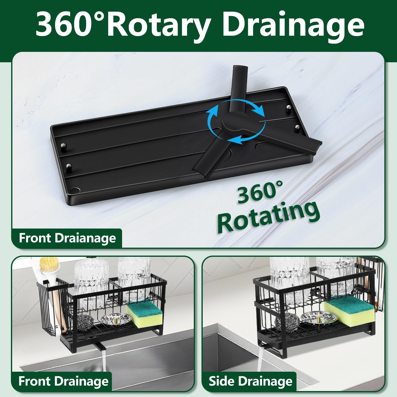 Essovee rotatable drain tray drains water back to sink to prevent countertop mess.