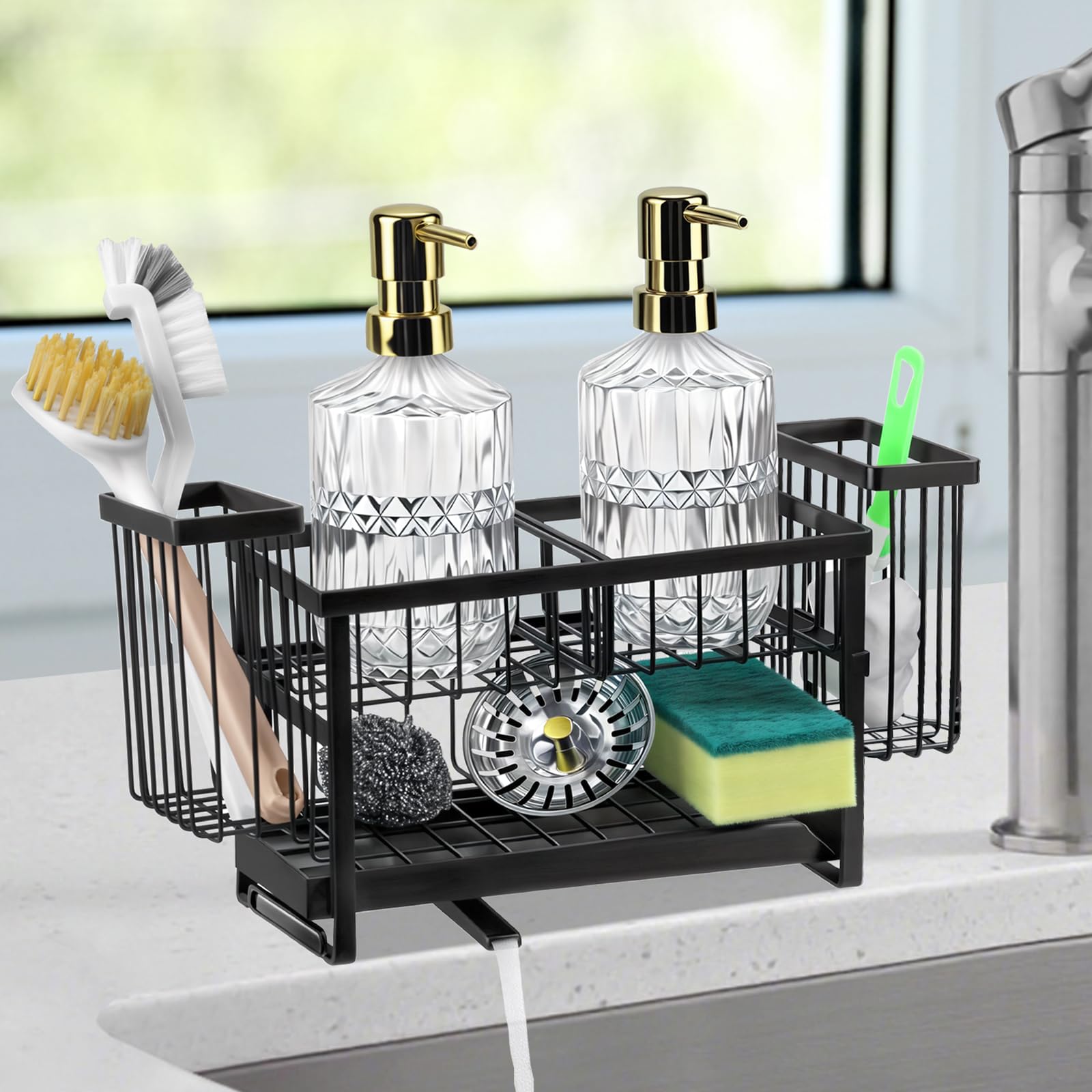 Essovee sponge holder on sink caddy keeps sponges dry and tidy.