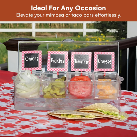 Estilo condiment server offers a tidy toppings bar for parties and events