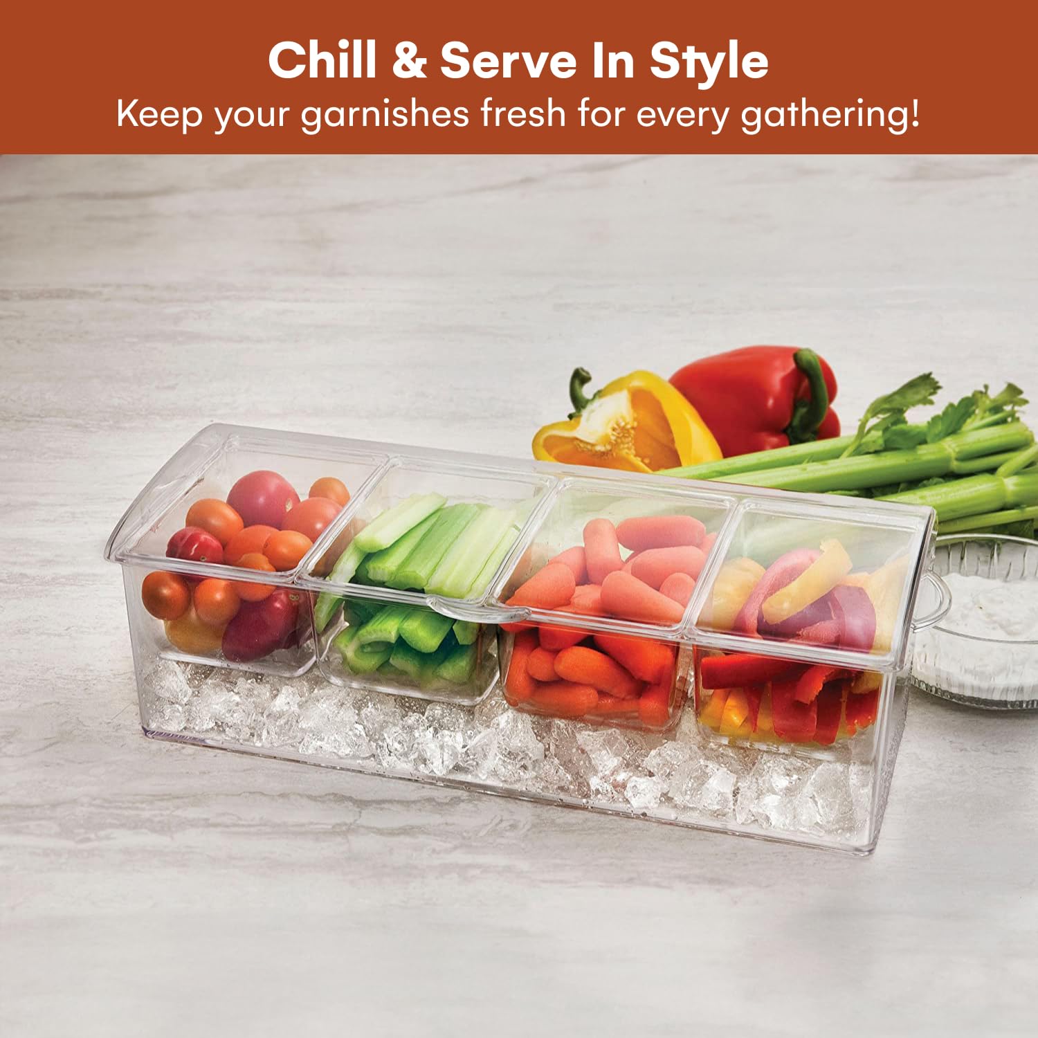 Estilo condiment server with removable trays keeps garnishes organized and mess-free