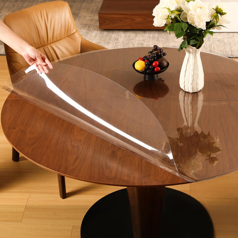 ETECHMART Clear Round Table Cover on wood table showing protection while keeping grain visible