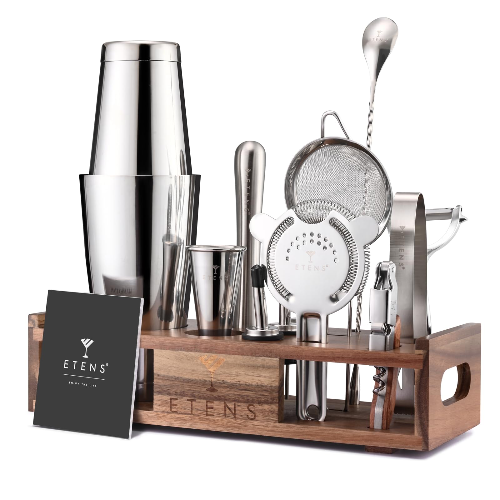 Etens premium 15-piece bartender kit on wooden stand for an organized home bar