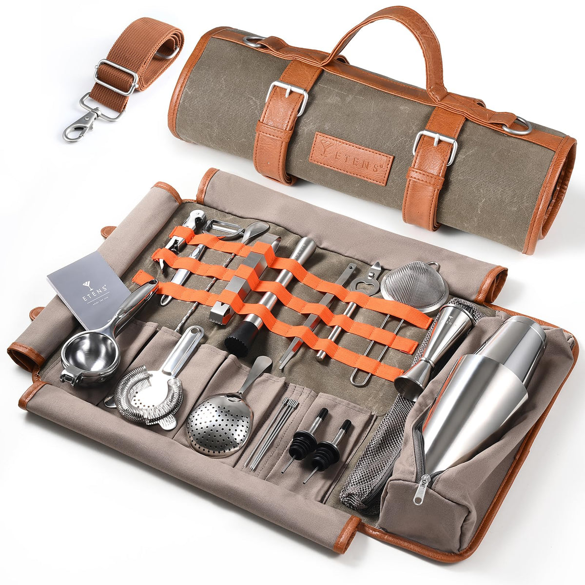 Etens travel bartender kit with waxed canvas bag and tools, ready for on-the-go cocktail crafting.