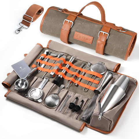 Etens travel bartender kit with waxed canvas bag and tools, ready for on-the-go cocktail crafting.