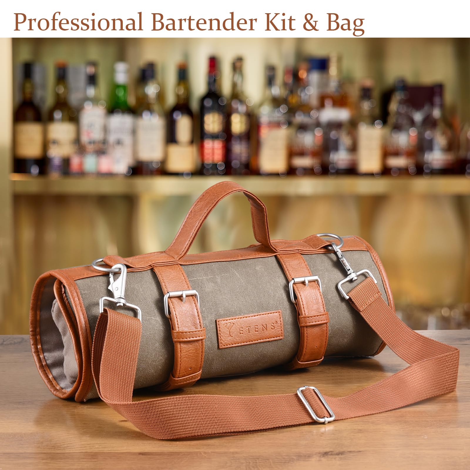 Etens stainless steel shakers and jigger sit neatly in the compact roll bag for easy transport.