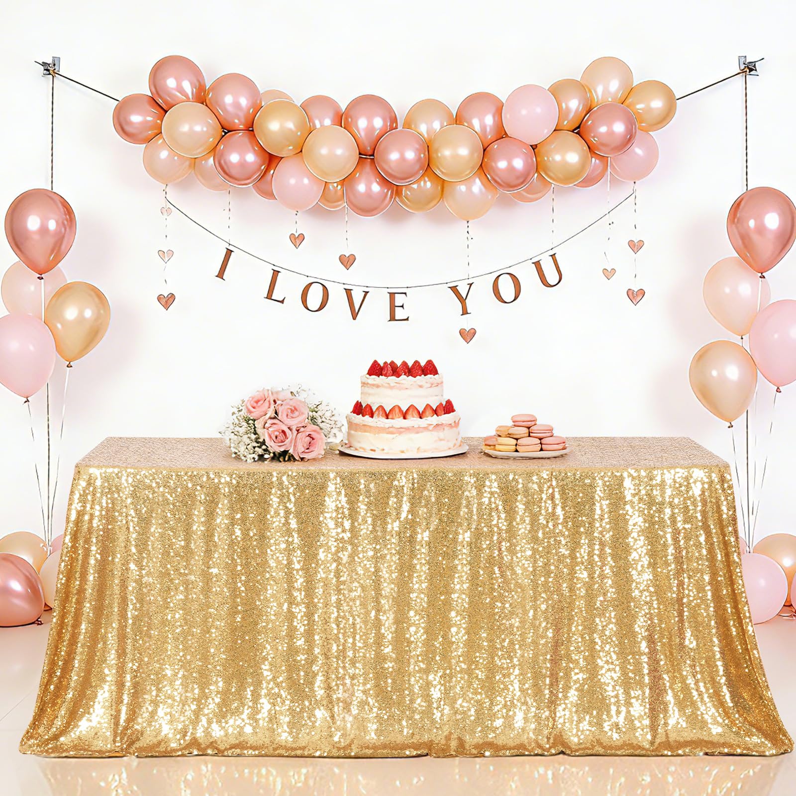Eternal Beauty Gold Tablecloth closeup shows dense sequins for premium sparkle at events
