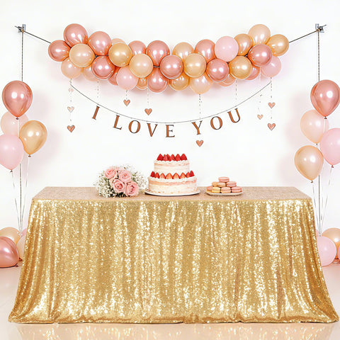 Eternal Beauty Gold Tablecloth closeup shows dense sequins for premium sparkle at events