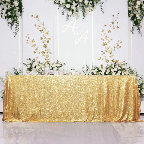 Eternal Beauty Gold Tablecloth on party setup showcases luxurious shine and photos