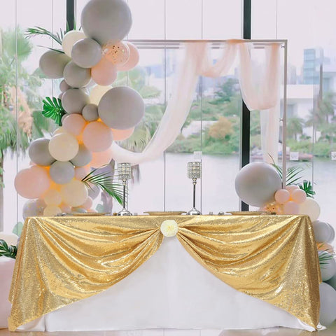 Eternal Beauty Gold Tablecloth sequin table spread highlights elegant wedding decor