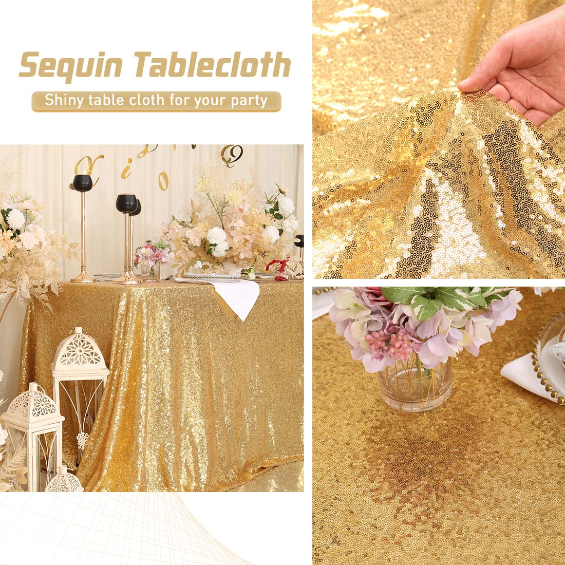Eternal Beauty Gold Tablecloth under sunlight enhances shimmer and party ambiance