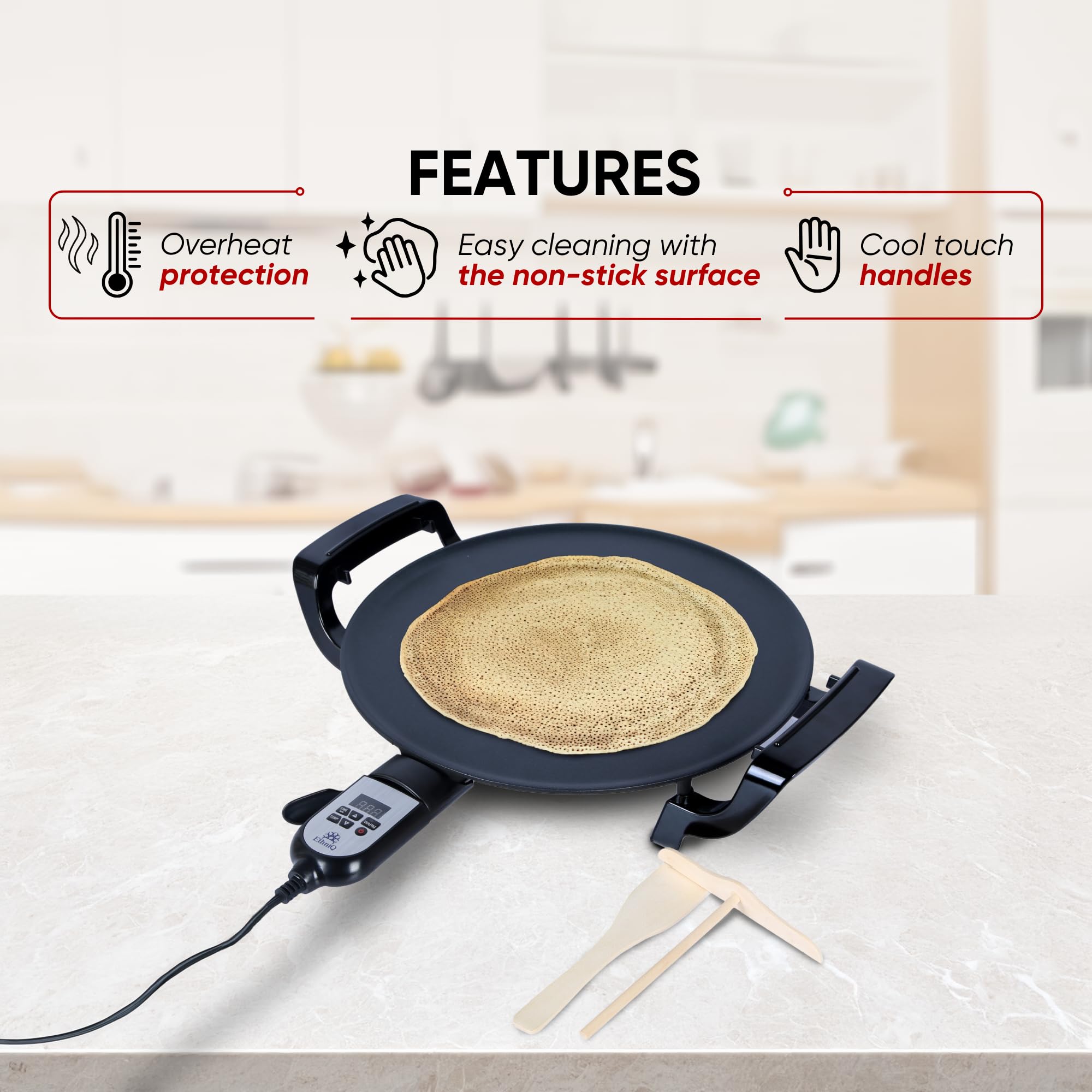 ETHNIQ 16in electric griddle shows injera batter spread and pancake prep