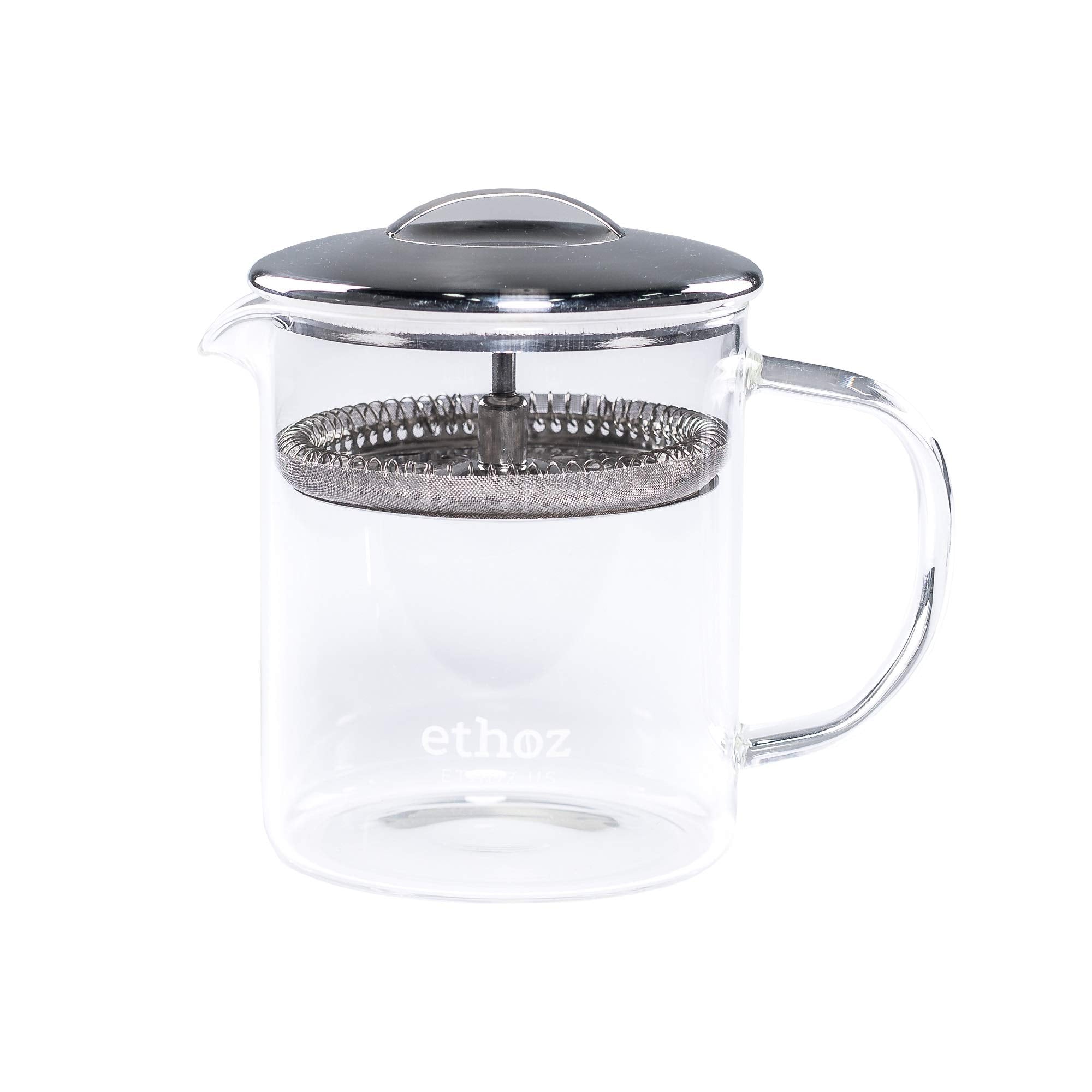 Ethoz glass tea brewer chamber shows borosilicate clarity for pure flavor and easy monitoring.