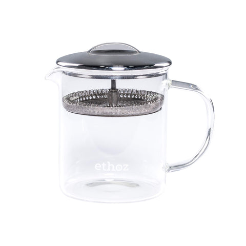 Ethoz glass tea brewer chamber shows borosilicate clarity for pure flavor and easy monitoring.