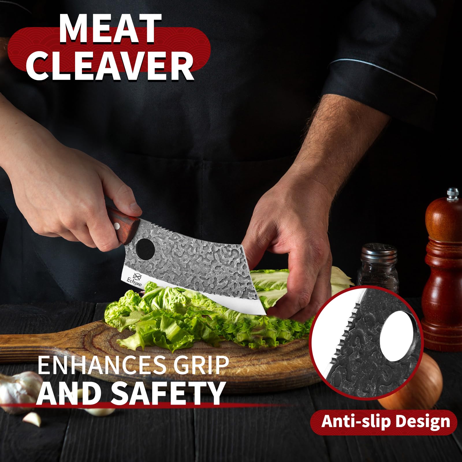 Ethyxe hand-forged hammer finish reduces sticking for smoother prep.