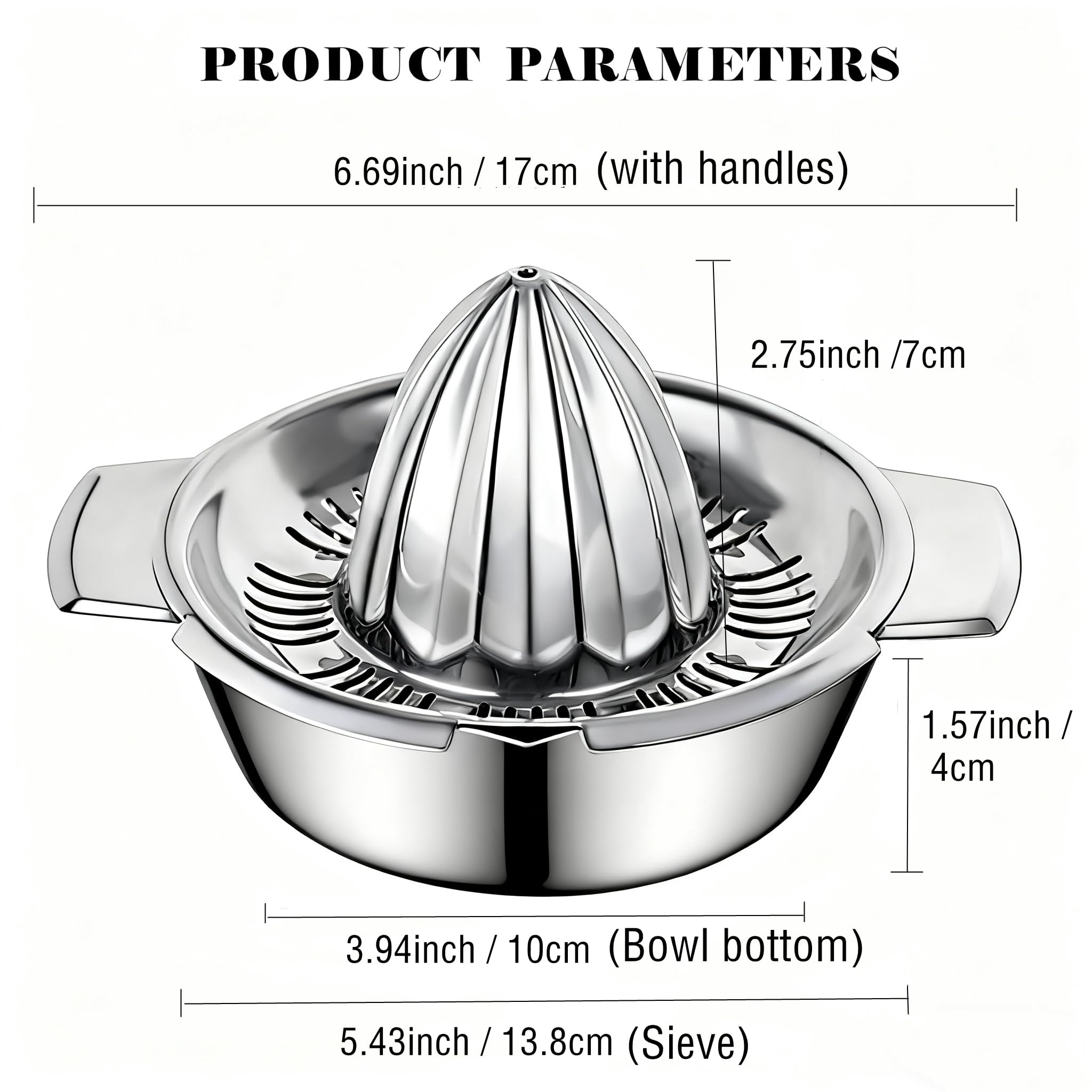 Etinslant stainless steel strainer-bowl filters pulp for smooth juice.