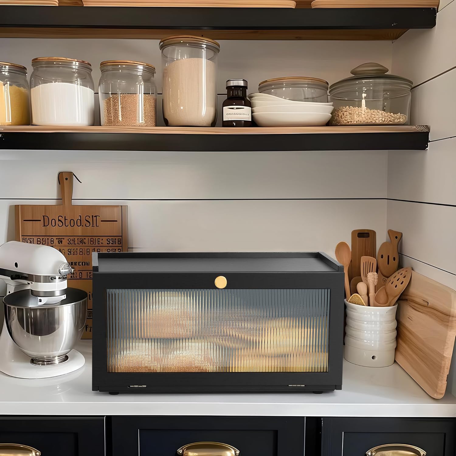 ETMI bamboo bread box on counter combines modern aesthetics with clutter-free storage