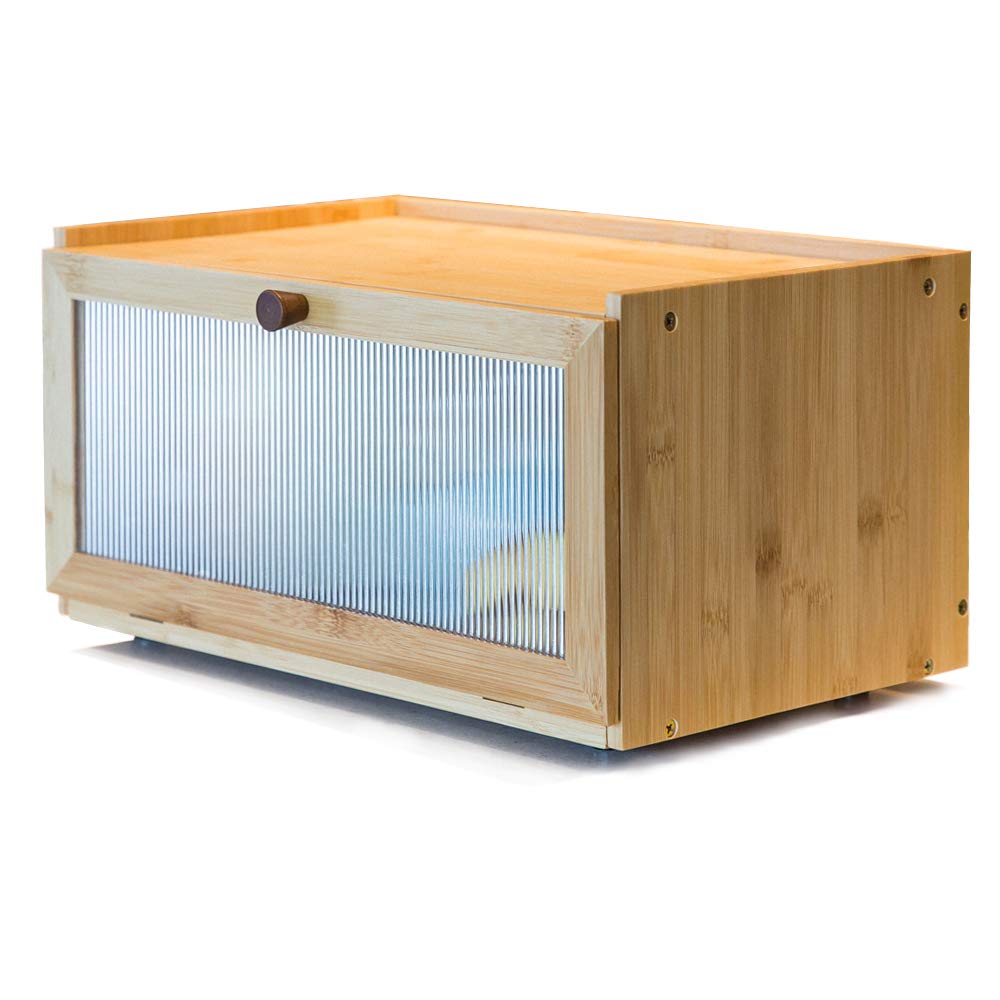 ETMI bamboo bread box front view with window for quick bread checks