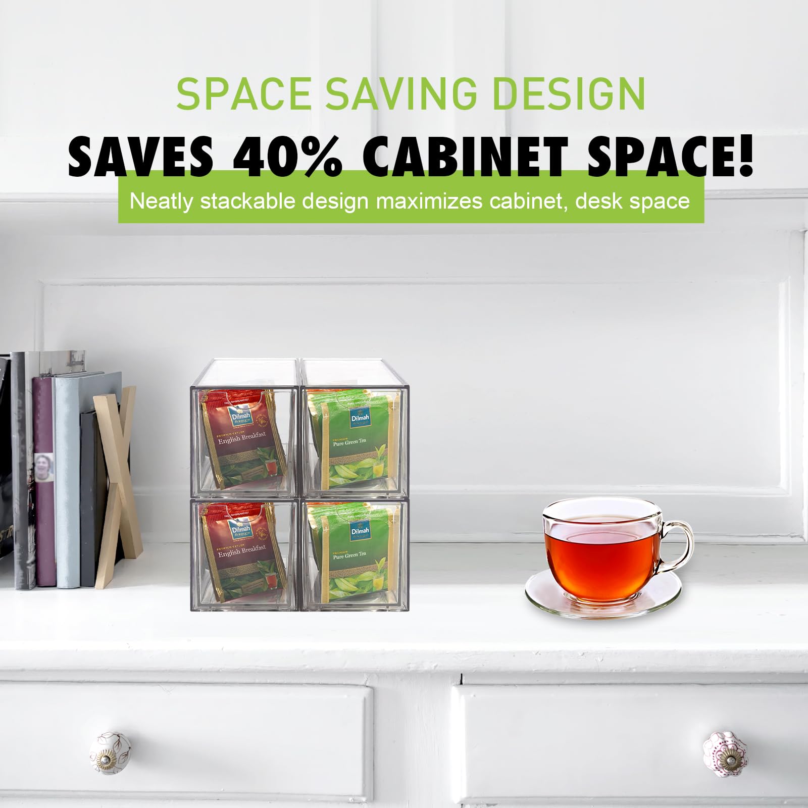 Ettrick stackable storage unit in cabinet maximizing space