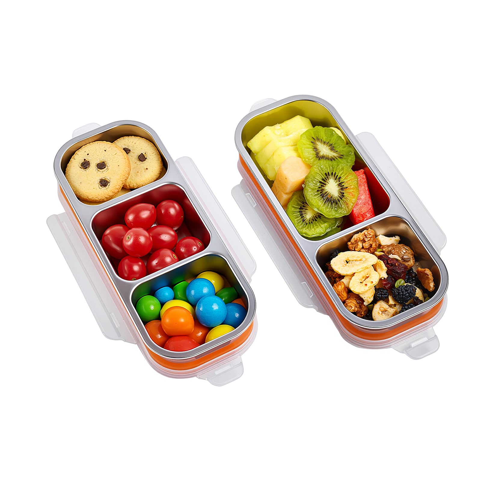 Etvski stainless steel snackle box with three compartments for portion control.