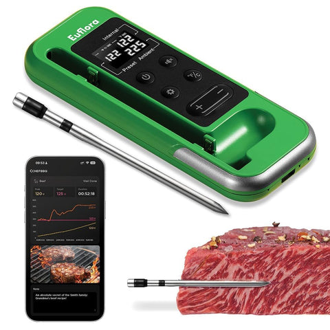 Euflora wireless meat thermometer lime, front view, ideal for precise grilling.