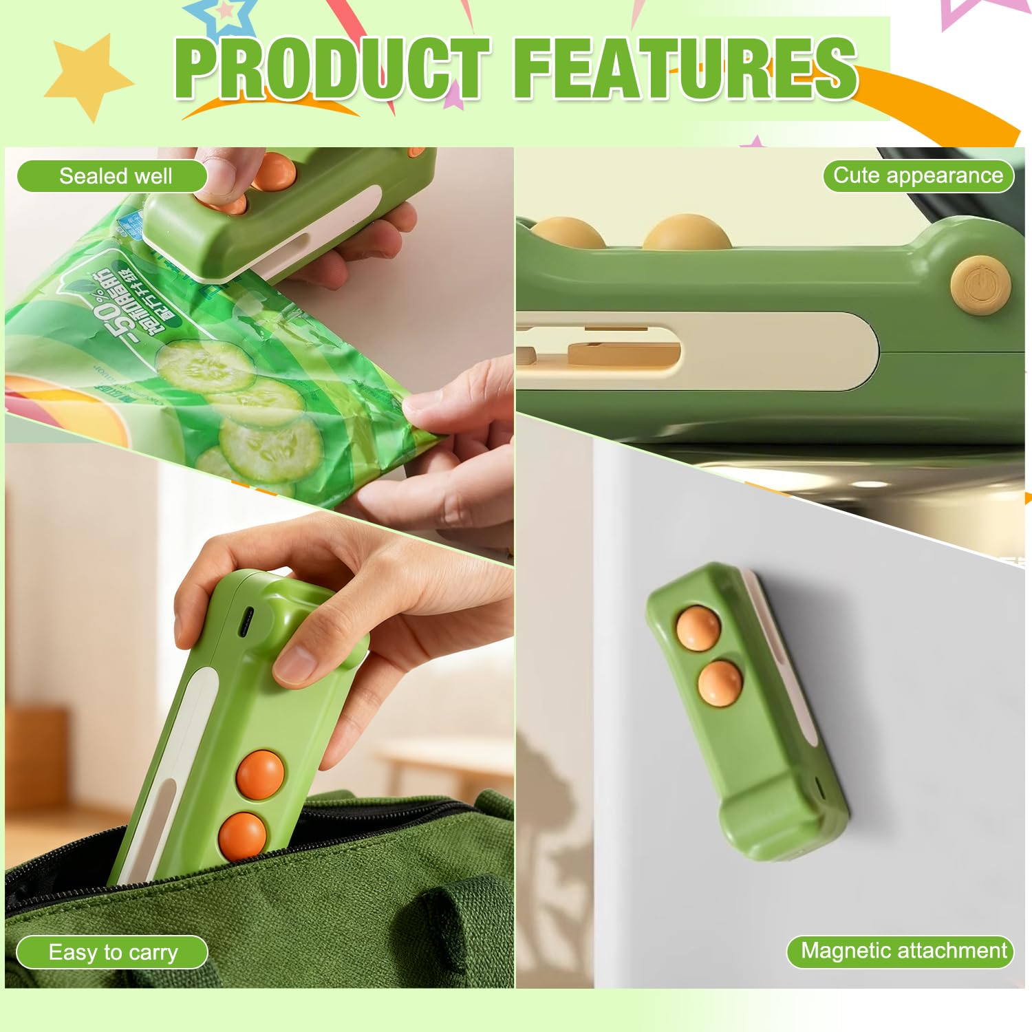 EuftEale mini sealer magnet on fridge for convenient storage.