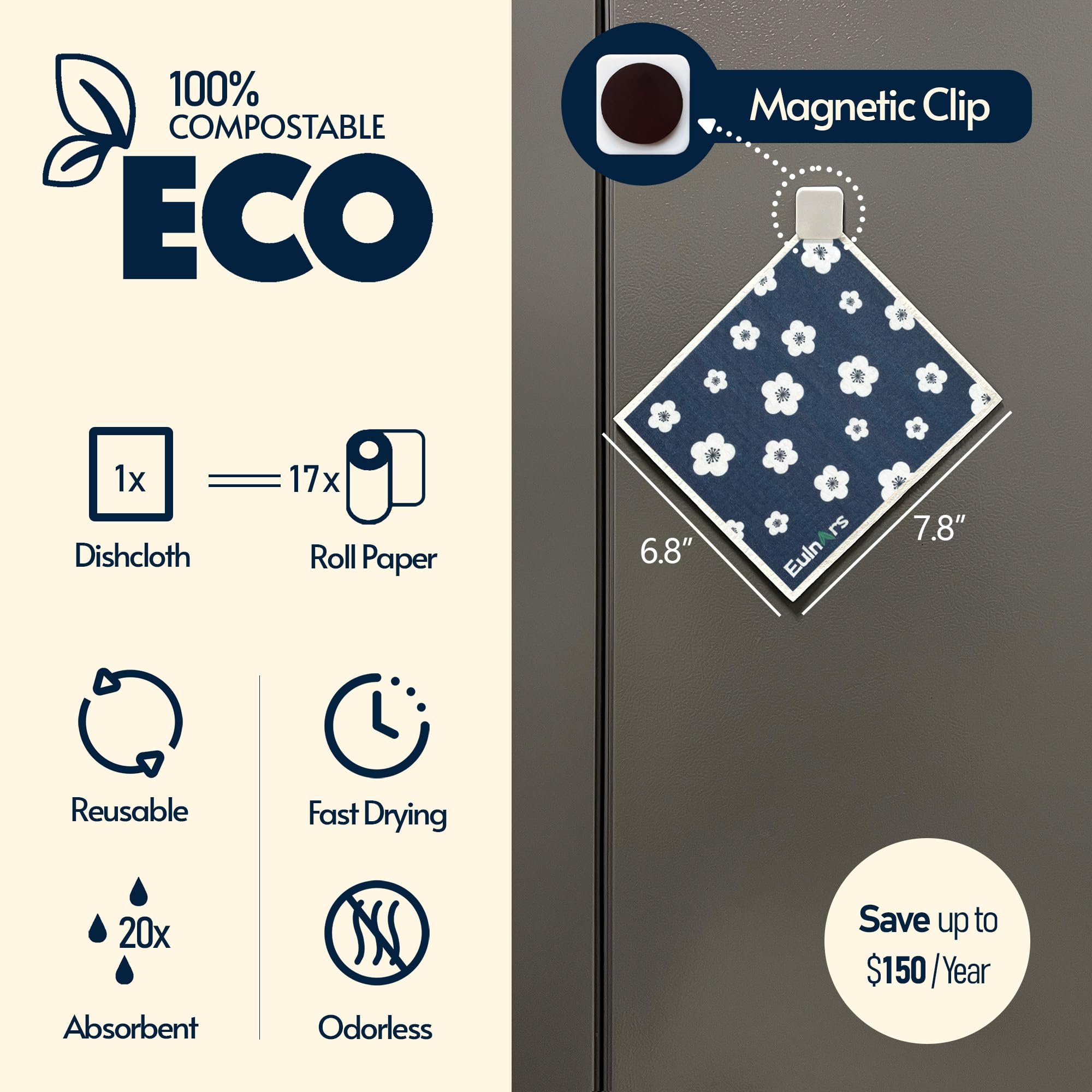 Magnetic clip stores a cloth on the fridge for quick access.