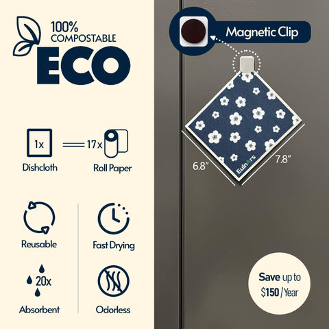 Magnetic clip stores a cloth on the fridge for quick access.