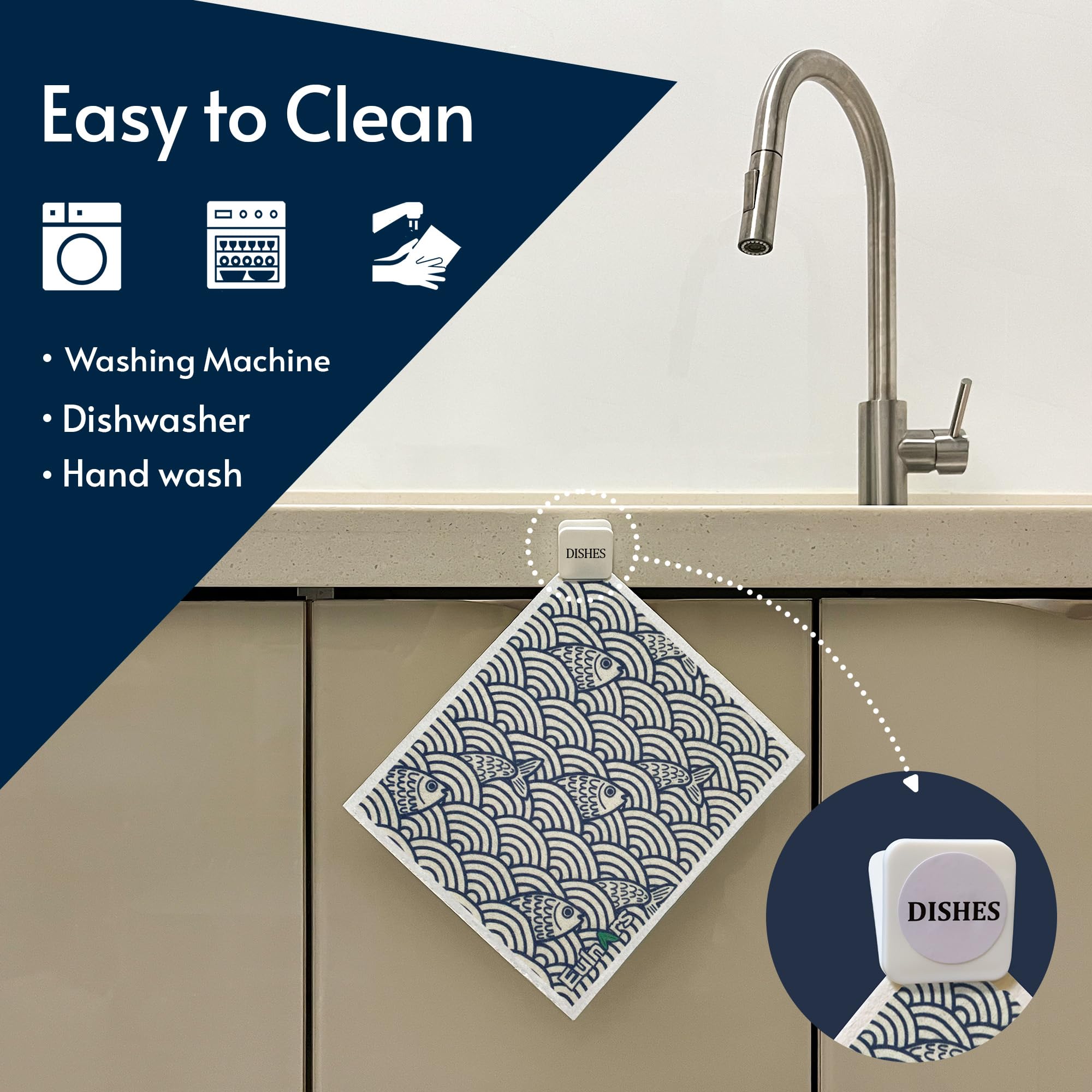 Self-adhesive clips help keep towels organized and reachable.