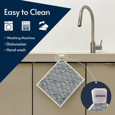 Self-adhesive clips help keep towels organized and reachable.