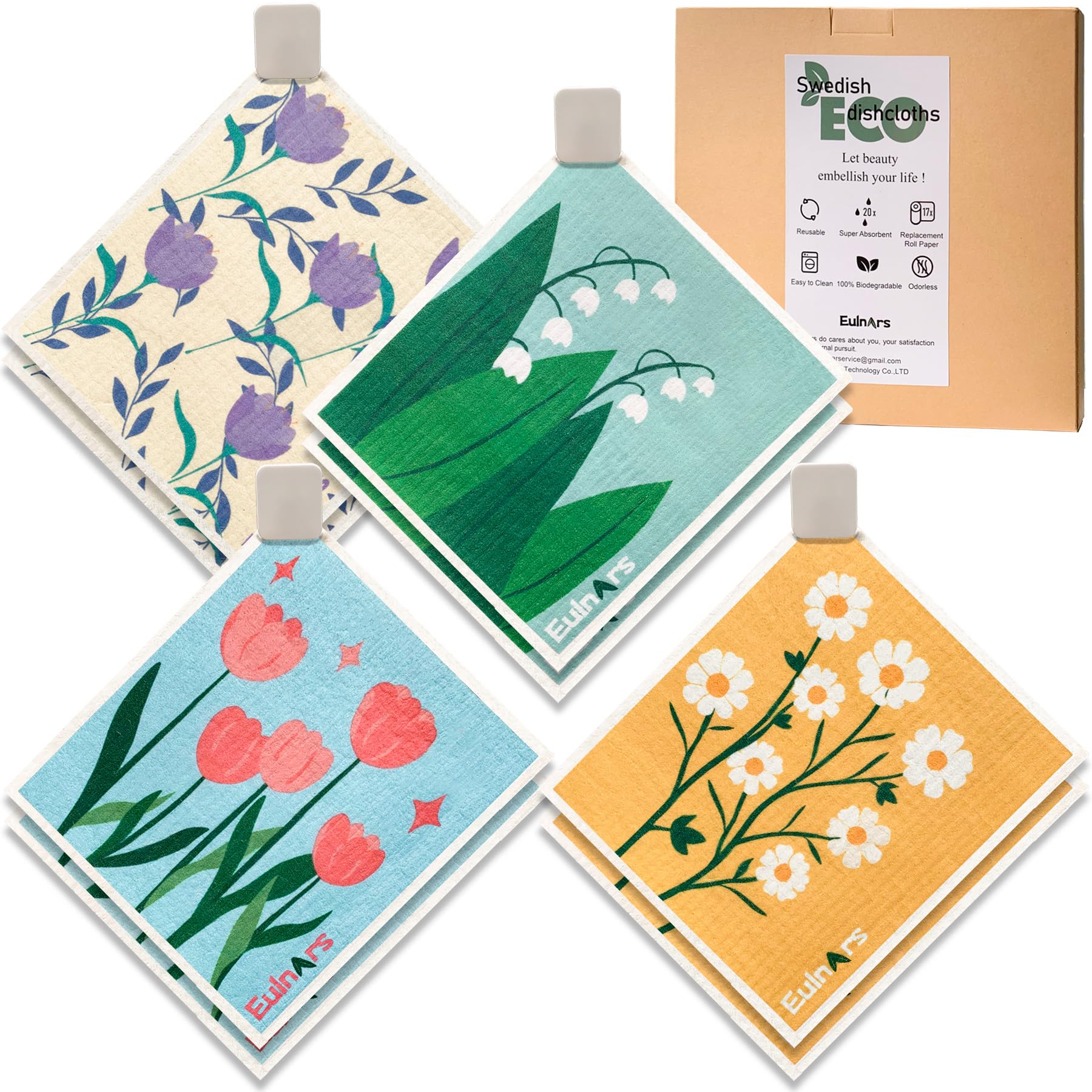 Eulnars Swedish dishcloths 8-pack on a kitchen counter, highly absorbent and reusable.