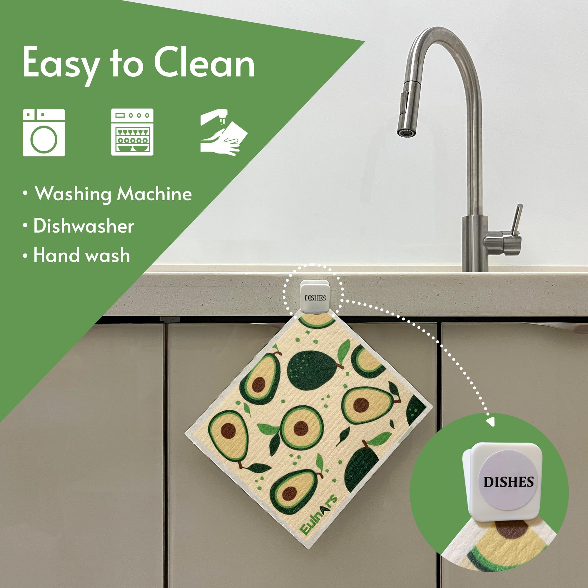 Eulnars Swedish dishcloths with clips for convenient organization on a wall or fridge.