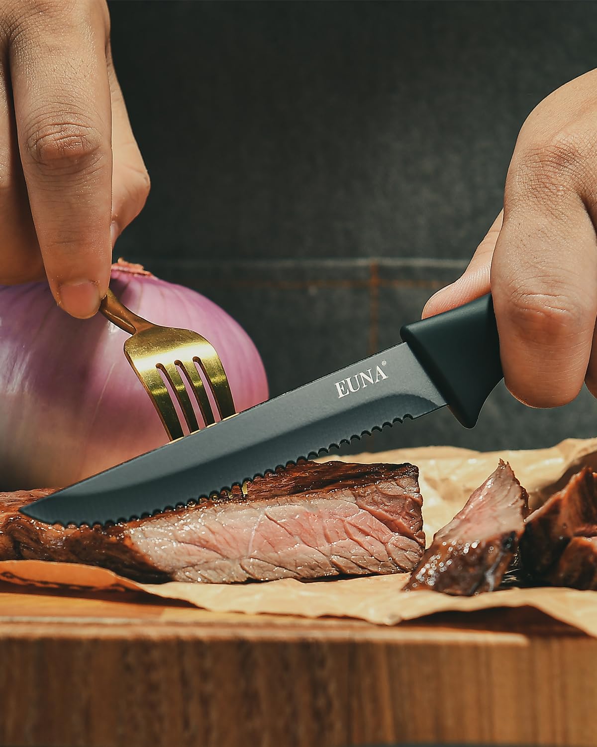 EUNA chef knife designed for versatile kitchen tasks with balance.