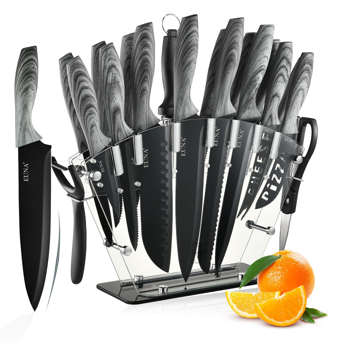 EUNA Knife Block Set with acrylic block display enhances knife organization and accessibility.