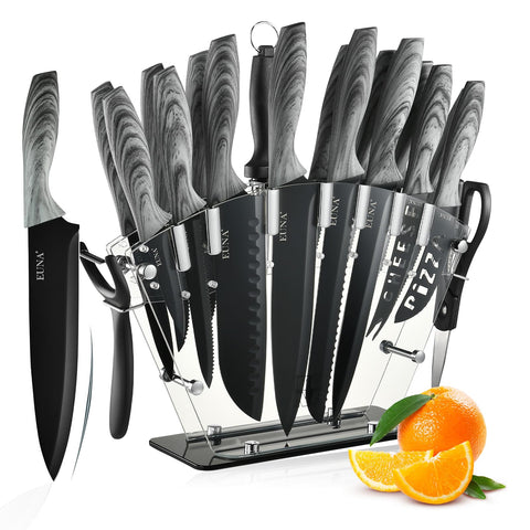 EUNA Knife Block Set with acrylic block display enhances knife organization and accessibility.