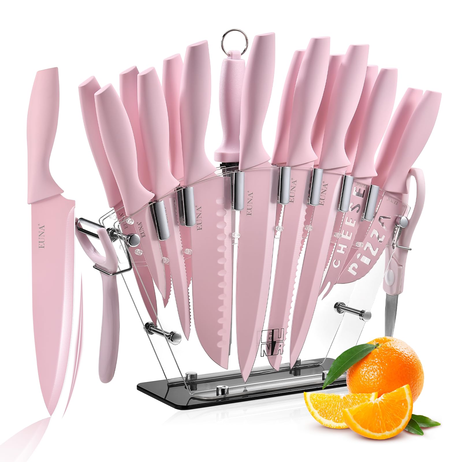 EUNA knife block with acrylic display keeps knives organized and accessible.
