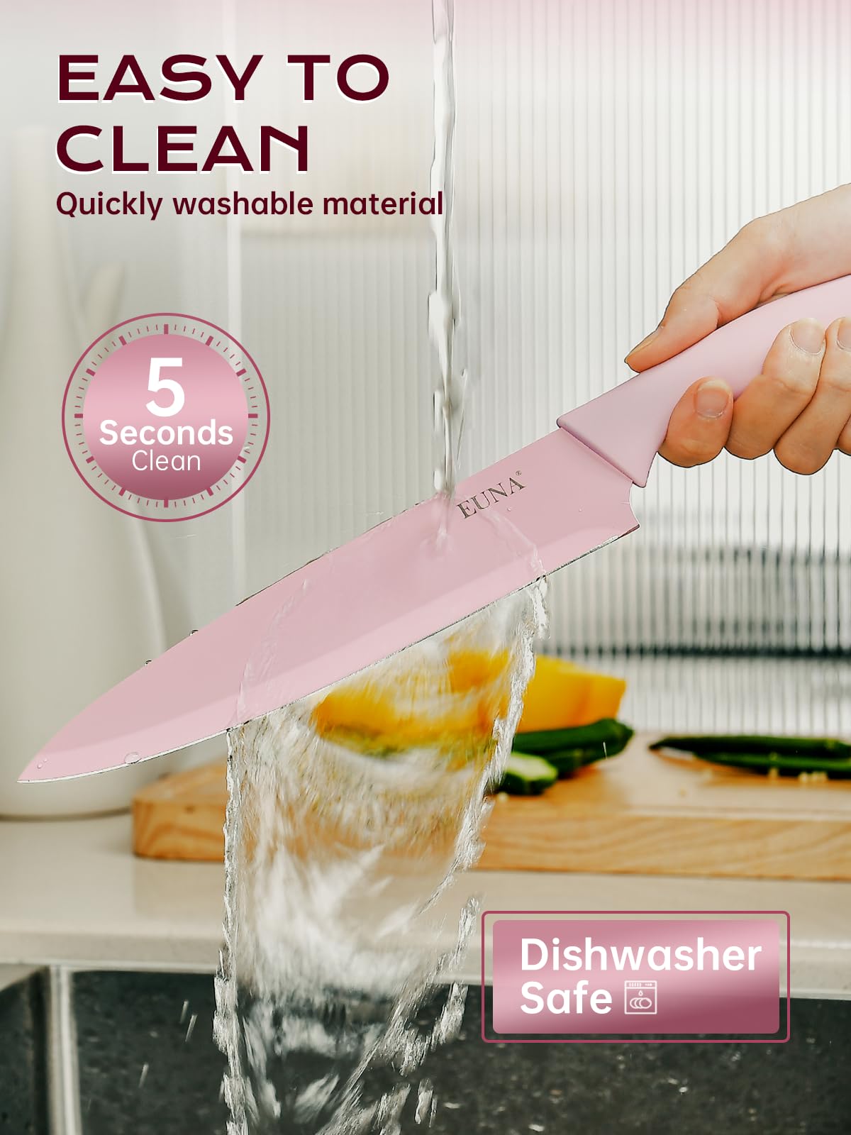 EUNA bread knife with serrated edge for clean crust cuts.