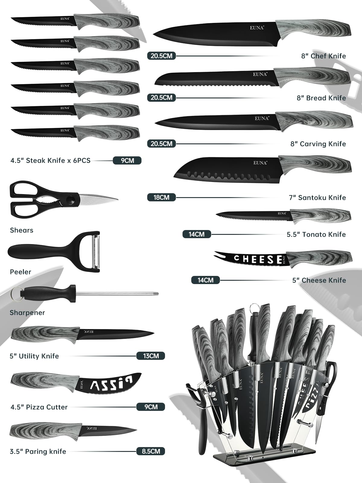 EUNA Chef knife close-up highlights ergonomic grip and sharp edge.