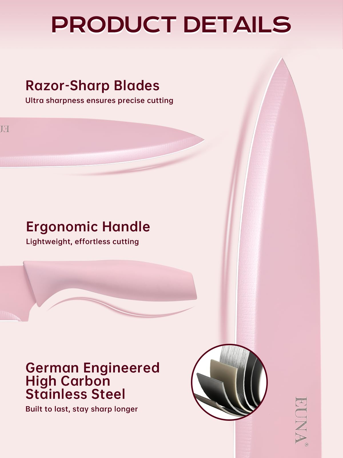 EUNA chef knife for precise chopping of vegetables and proteins.