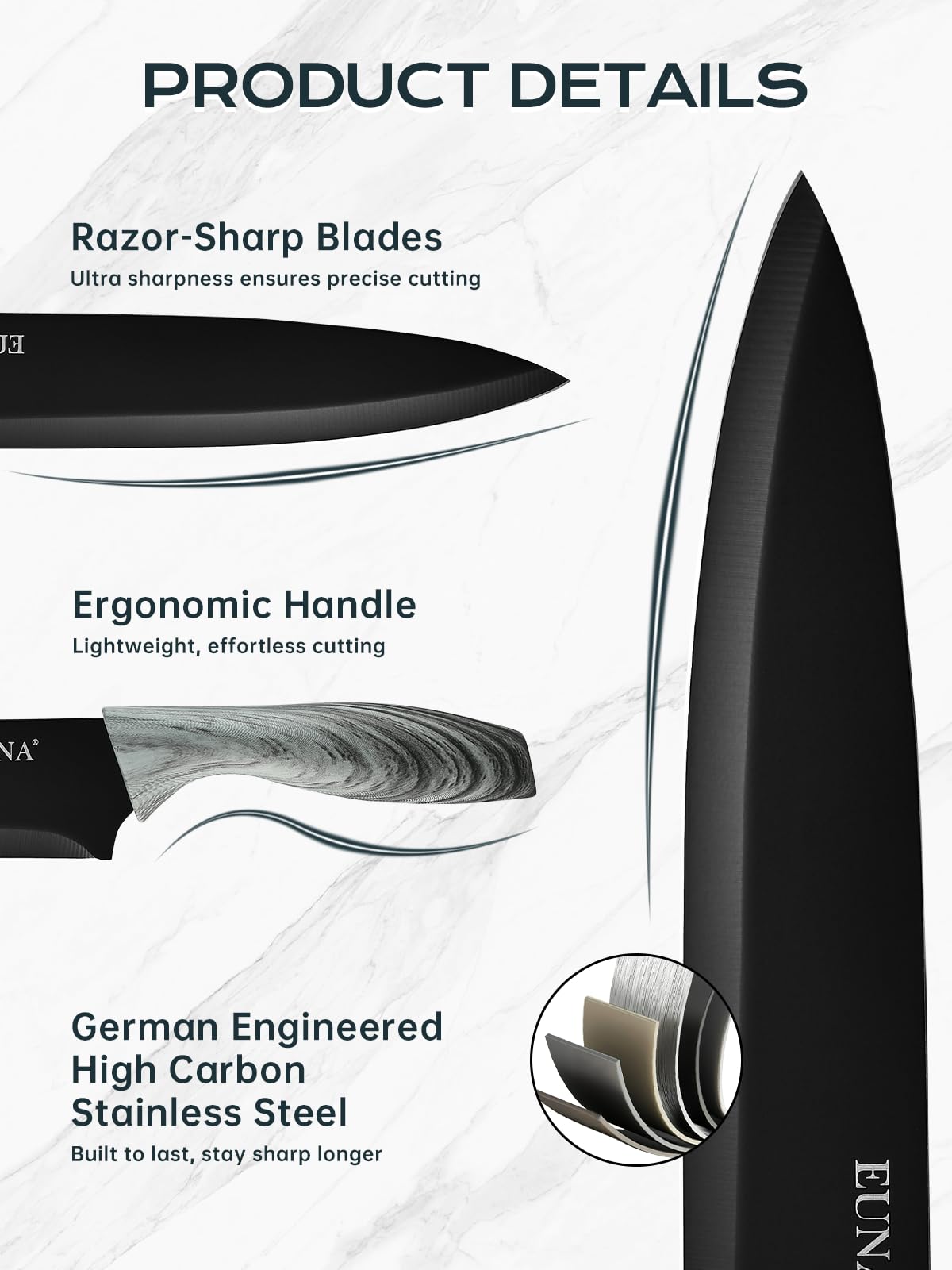 EUNA Santoku knife detail shows precise slicing and long-lasting edge.