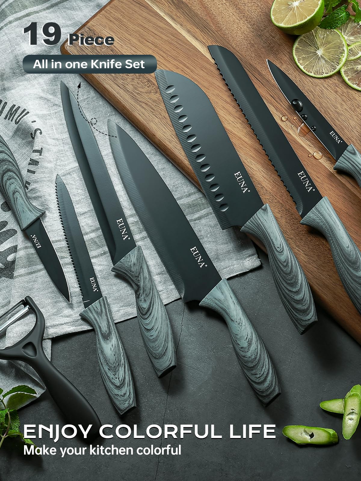 EUNA Serrated steak knives demonstrate durable, clean cuts.