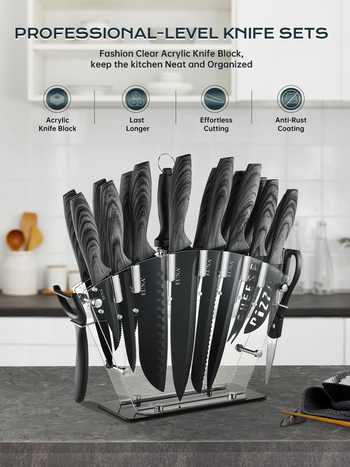 EUNA knife set assortment includes paring and utility knives for versatile prep.