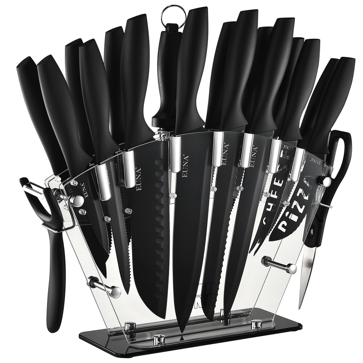 EUNA 19-piece knife set in a clear acrylic block for organized kitchen prep.