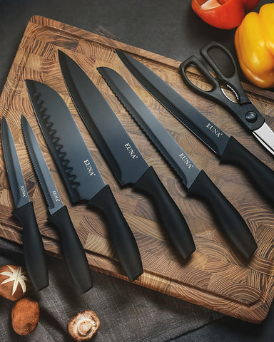 EUNA knife with ergonomic wood-grain handle for comfortable grip during prep.