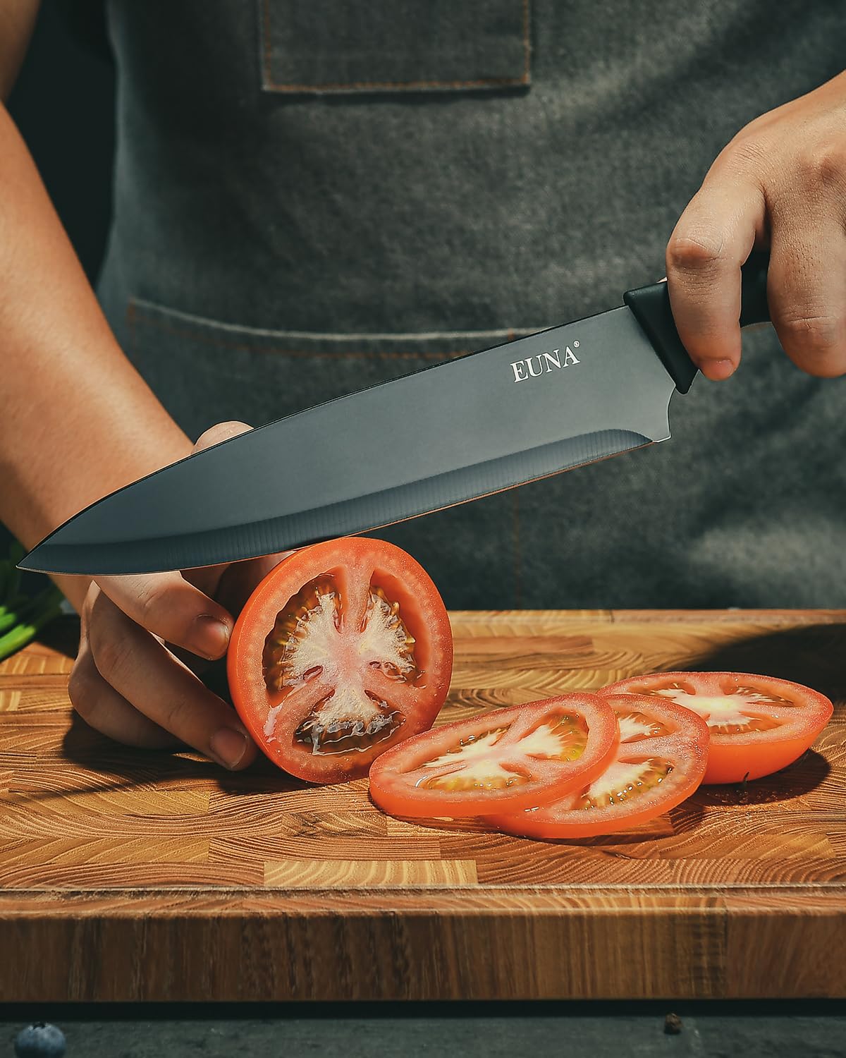 EUNA serrated steak knives for clean, effortless slicing.