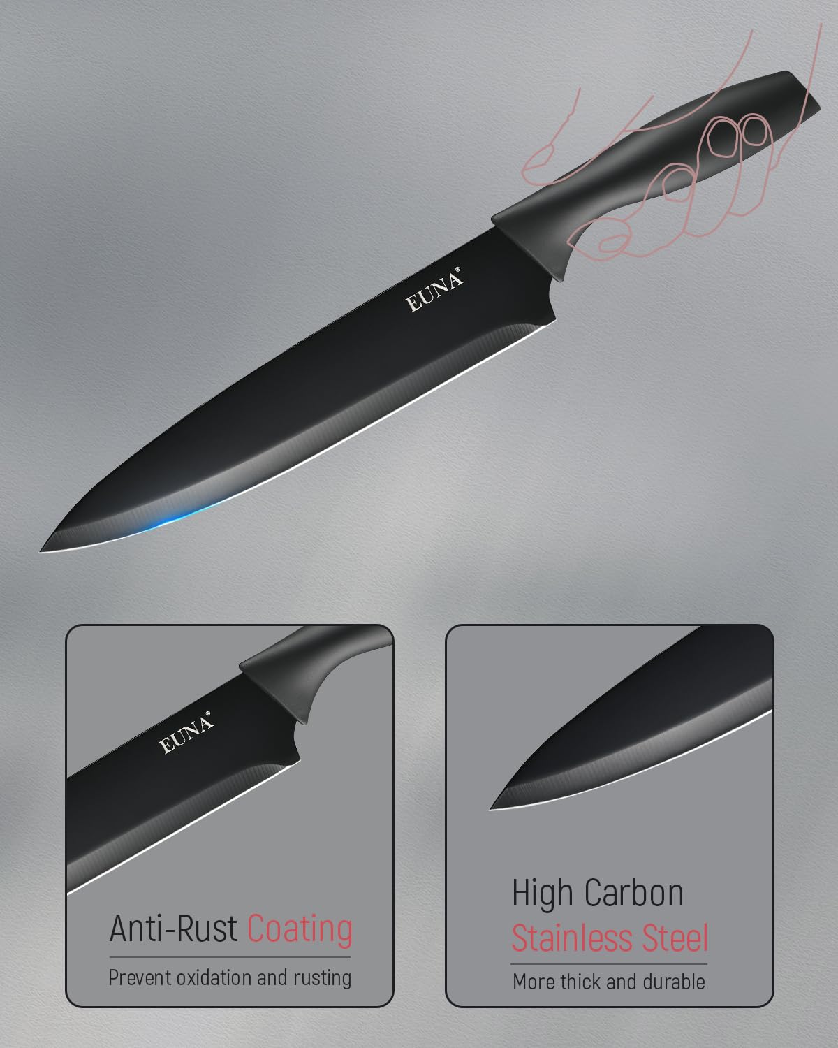 EUNA sharpening steel to help maintain blade edge over time.