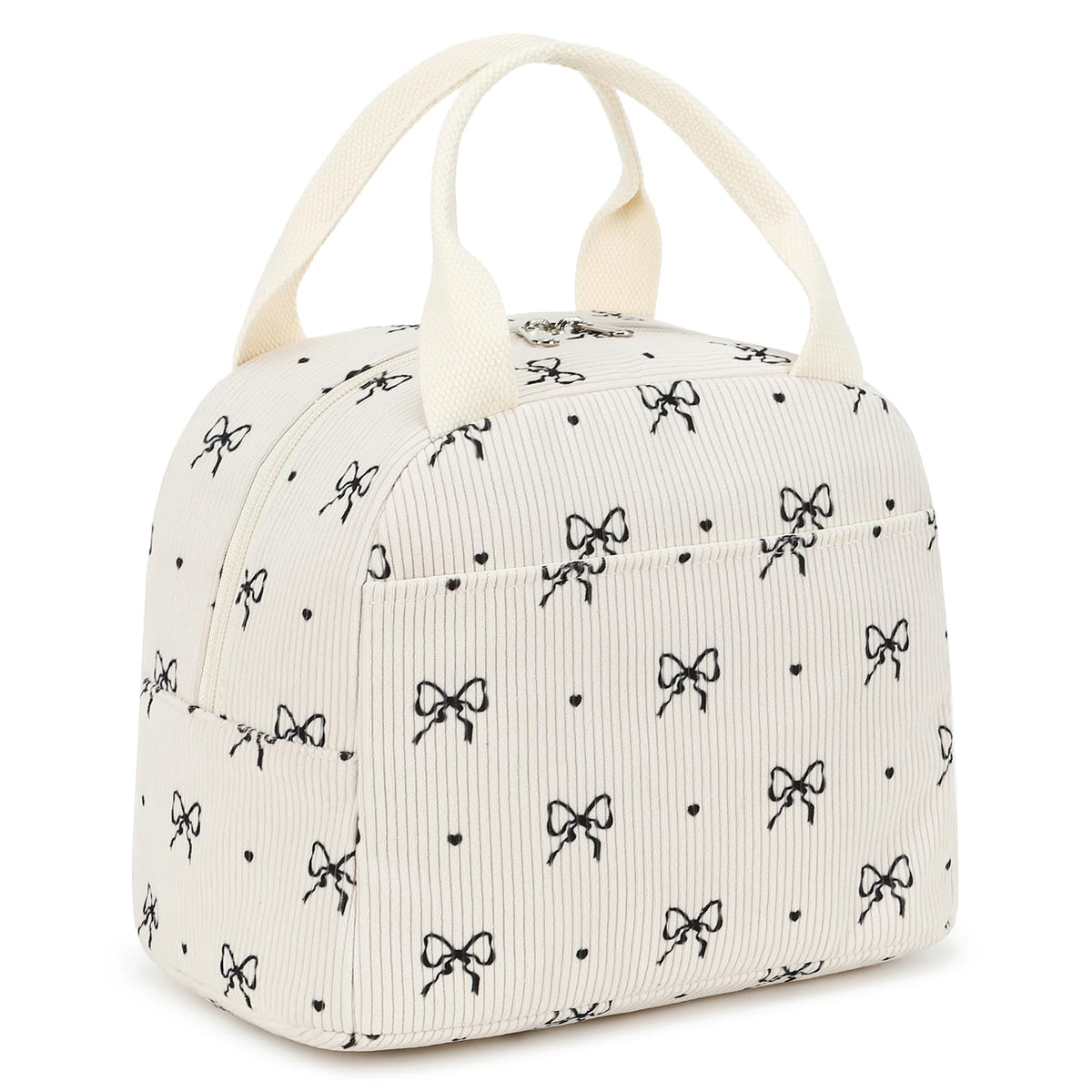 EurCross Cute Bow Tie Lunch Bag in ivory corduroy featuring a front pocket for small essentials.